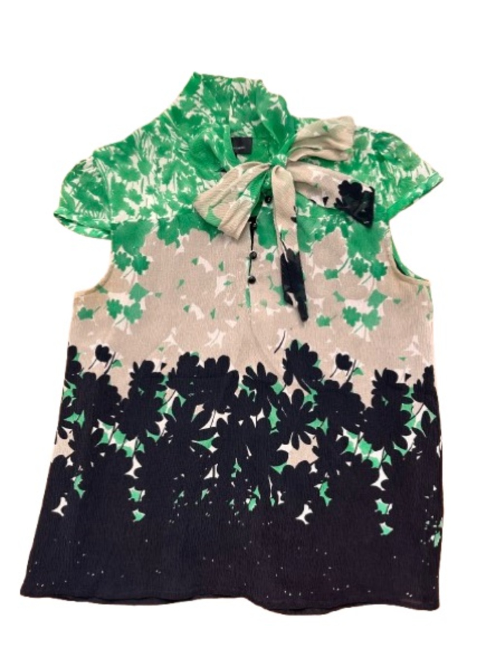 INC International Concepts Green Black Floral Tie-Neck Cap Sleeve Top